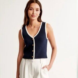 Abercrombie & Fitch Mara Navy V-Neck Sweater Vest with White Trim Medium